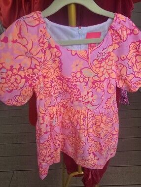 Lilly Pulitzer Pink & Orange Floral Puff-Sleeve dress size 5 girls